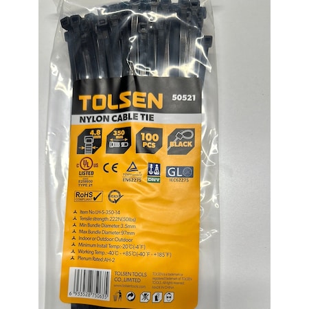 Tolsen Cable Tie, 14 in L, 97 mm Max Bundle Dia., Black, Nylon 6/6, 50 lb Strength, 100 PK 50521